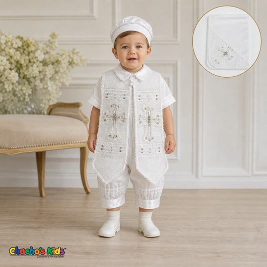 White jeweled cross boys baptism outfit with cap and baptismal cloth, front view, style 0355 - Chacho's Kids