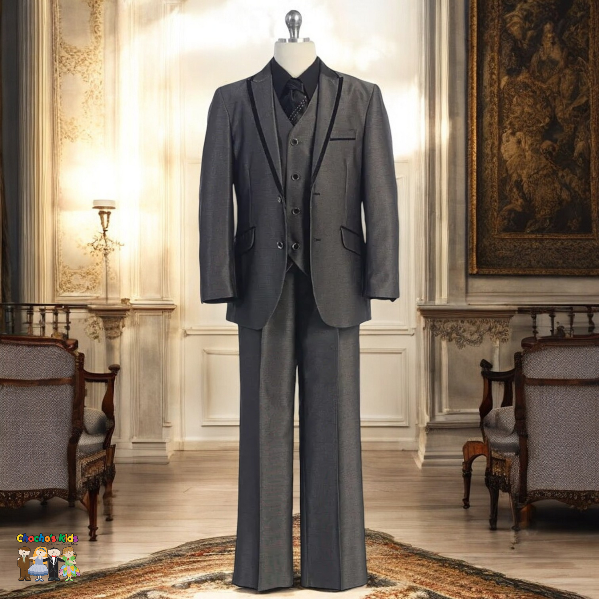 Shinny Charcoal Classic Suit (Y10-01379)-Boys-Chacho's Kids
