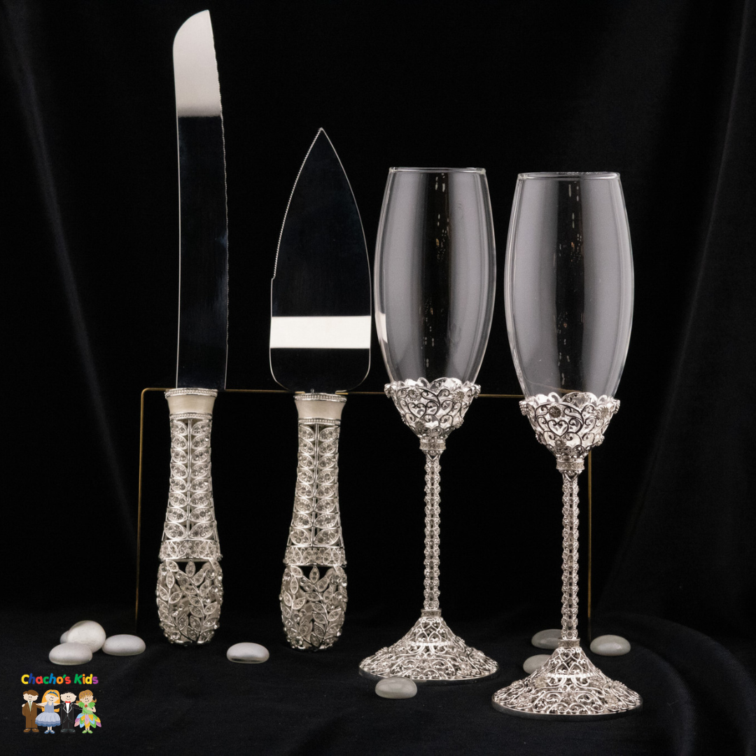 Super Elegant Wedding Wine Cups/ Wedding Flutes & Serving Set-Silver-182-Wedding Accessories-Chacho's Kids