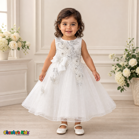 White baby flower girl dress 9166B with silver sequin floral embroidery, butterfly details, side bow, and layered glitter tulle skirt on a toddler model
