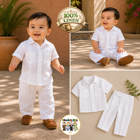Boys 100% Linen Guayabera Set (White)