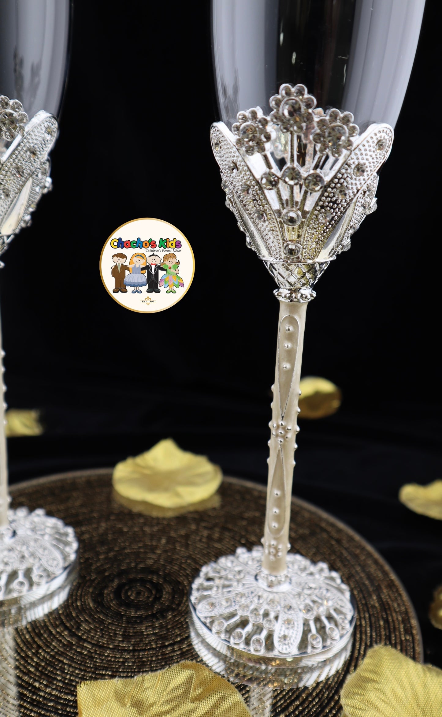 Decorative Wedding champagne flute with intricate design on a black background
