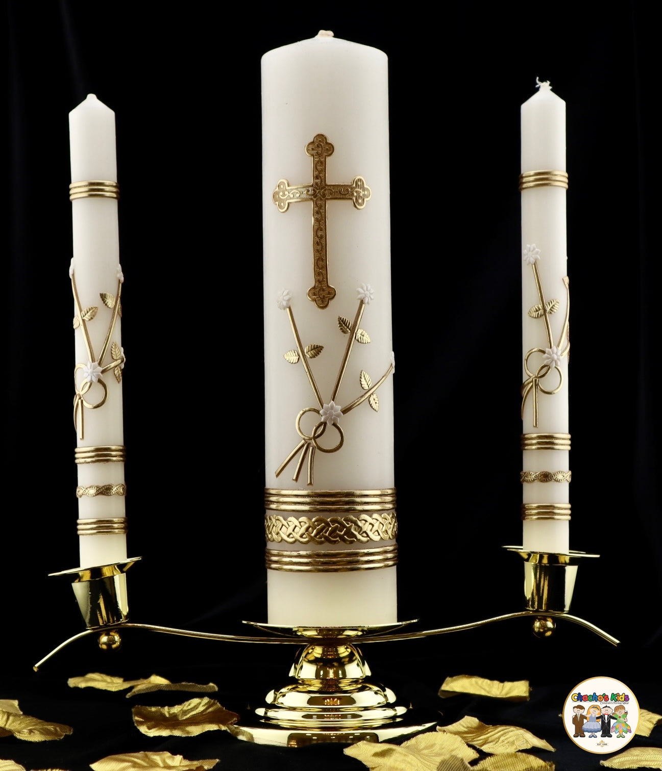 Wedding Unity Candle Set w/ Gold Stand (4 Piece Set)