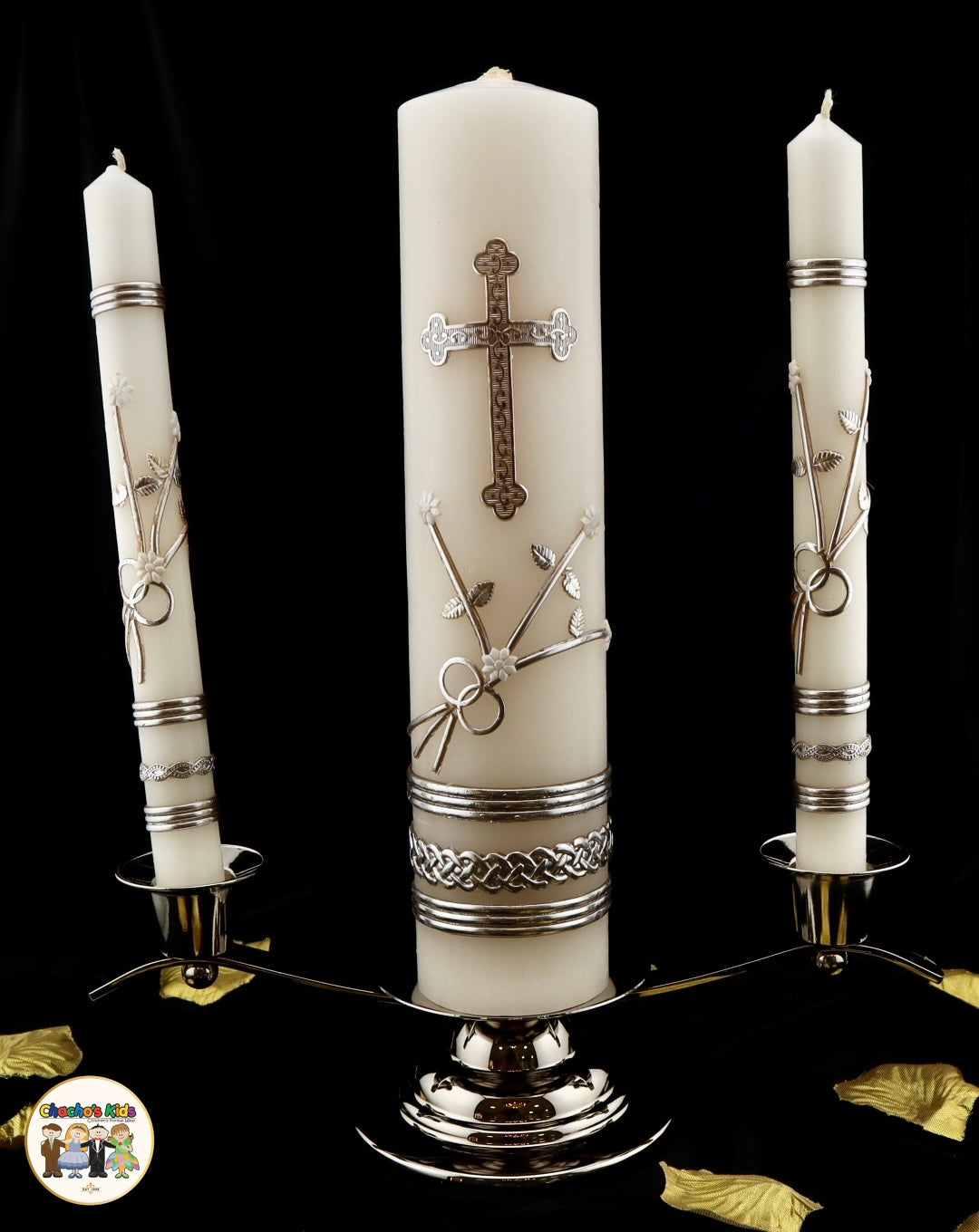 Wedding Unity Candle Set w/ Silver Stand (4 Piece Set)