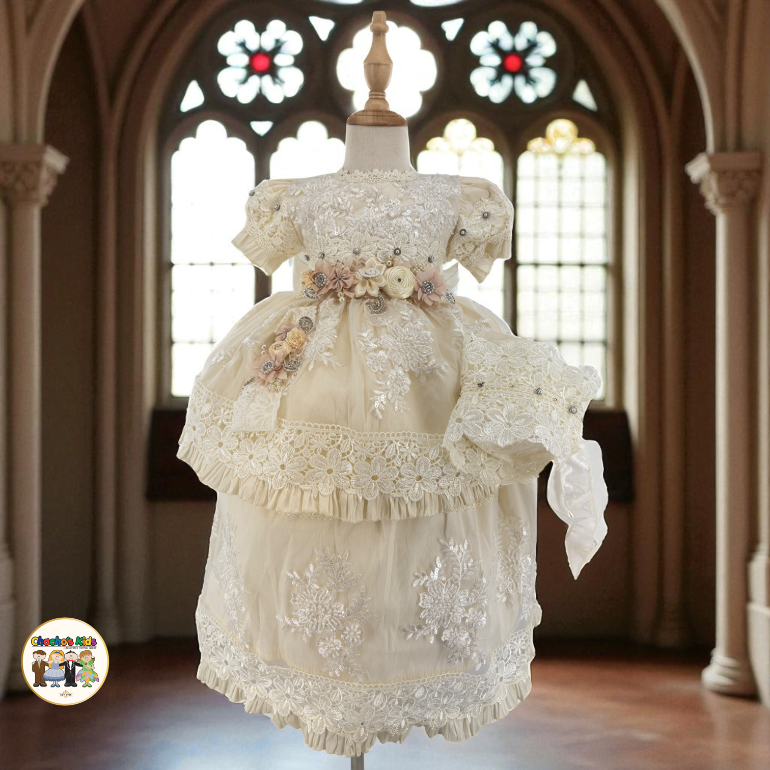ivory baptism dress 021-050 Girl's short Ivory baptism gown