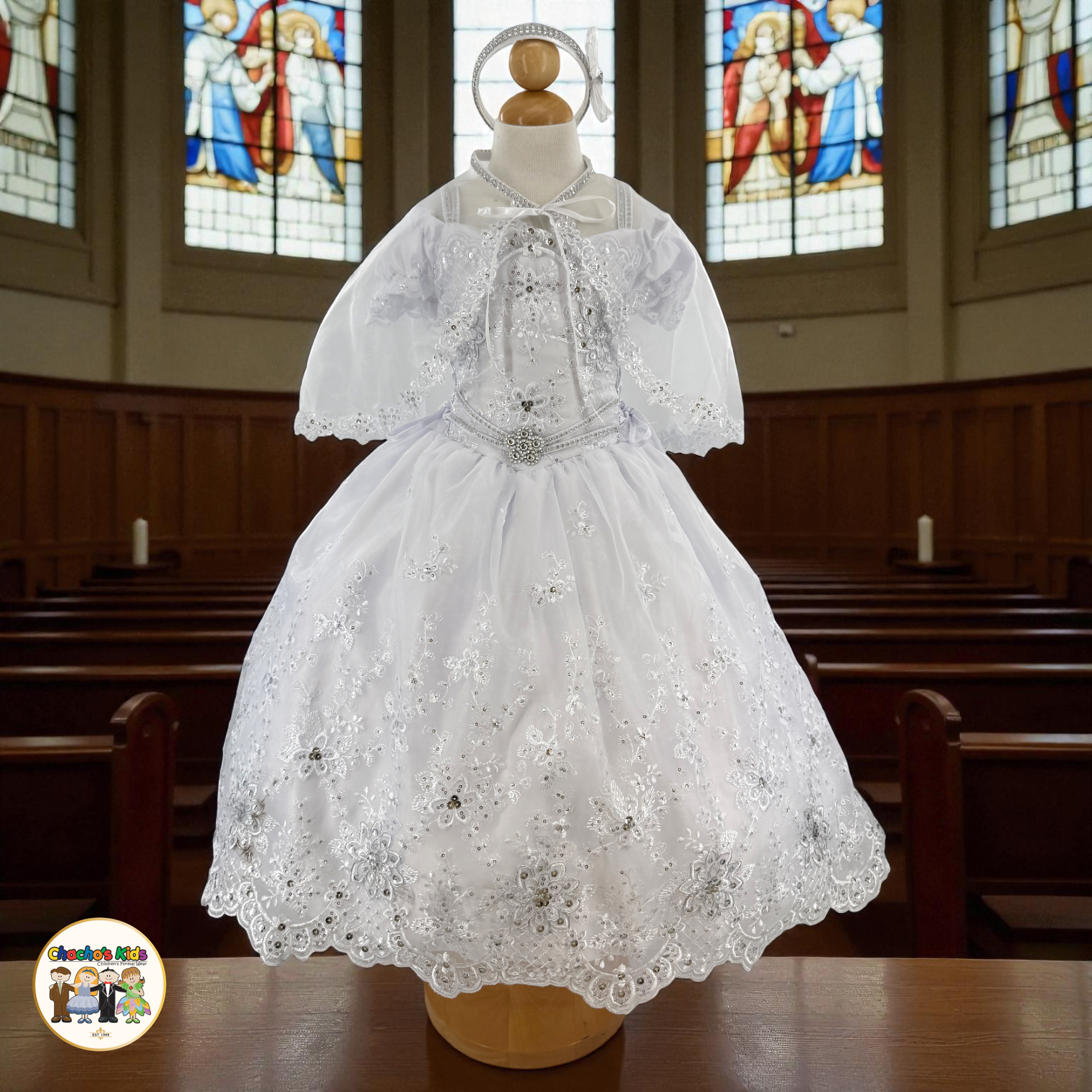 Girls Rhinestone Lace Baptism Dress