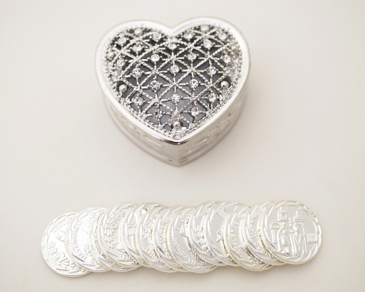 Wedding Arras-1.5" Silver Heart Arras Box and Coin Set with Rhinestones-Chacho's Kids