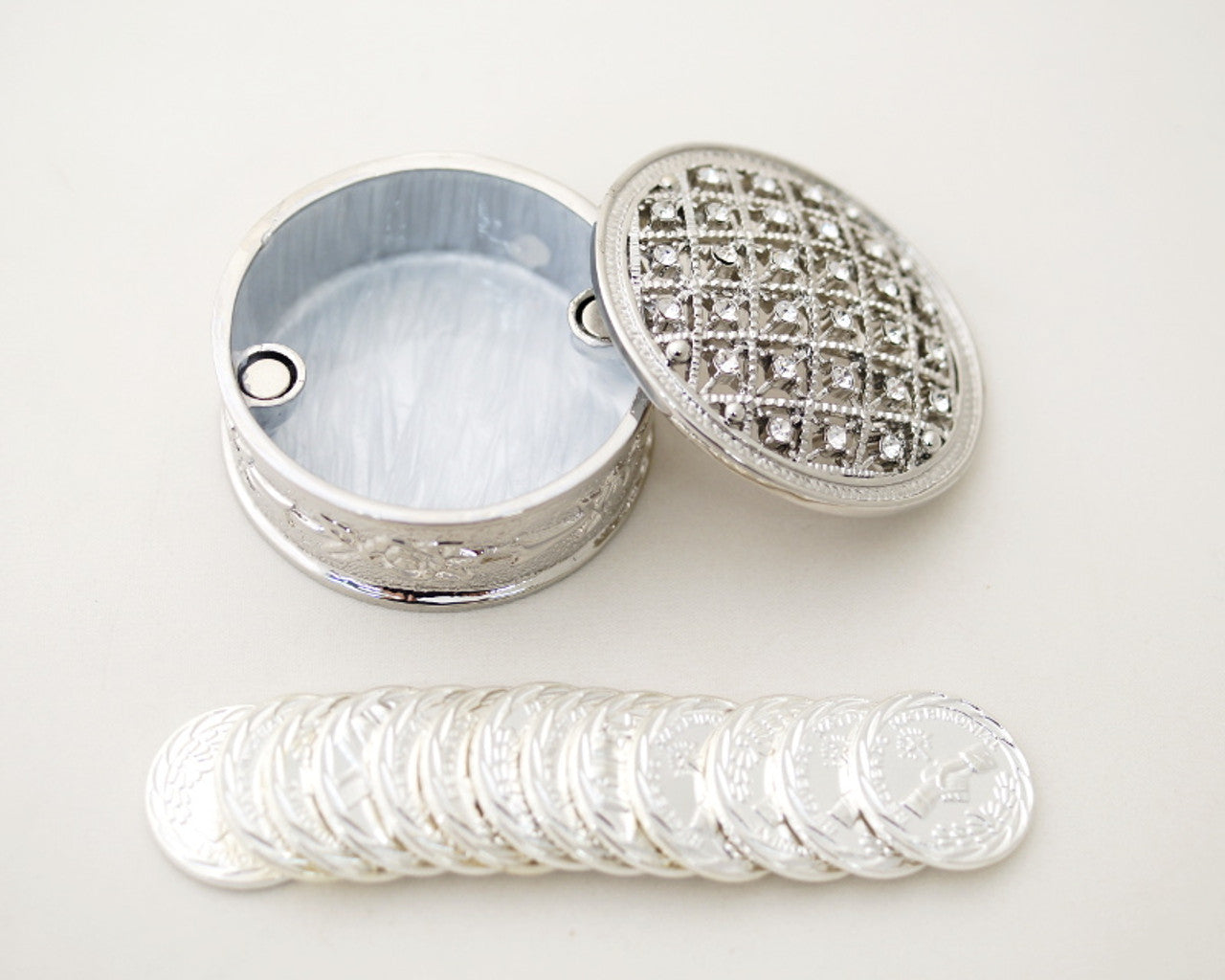 Wedding Arras-2" Silver Round Arras Box & Coin Set with Rhinestones-Chacho's Kids