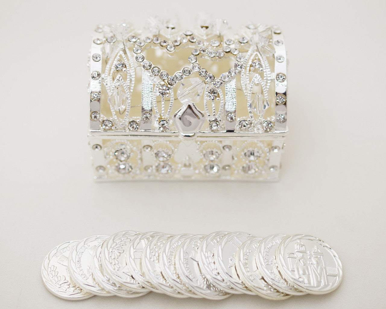 Wedding Arras-2-1/4" Silver Double Heart Crystal Treasure Chest Arras Box & Coin Set-Chacho's Kids