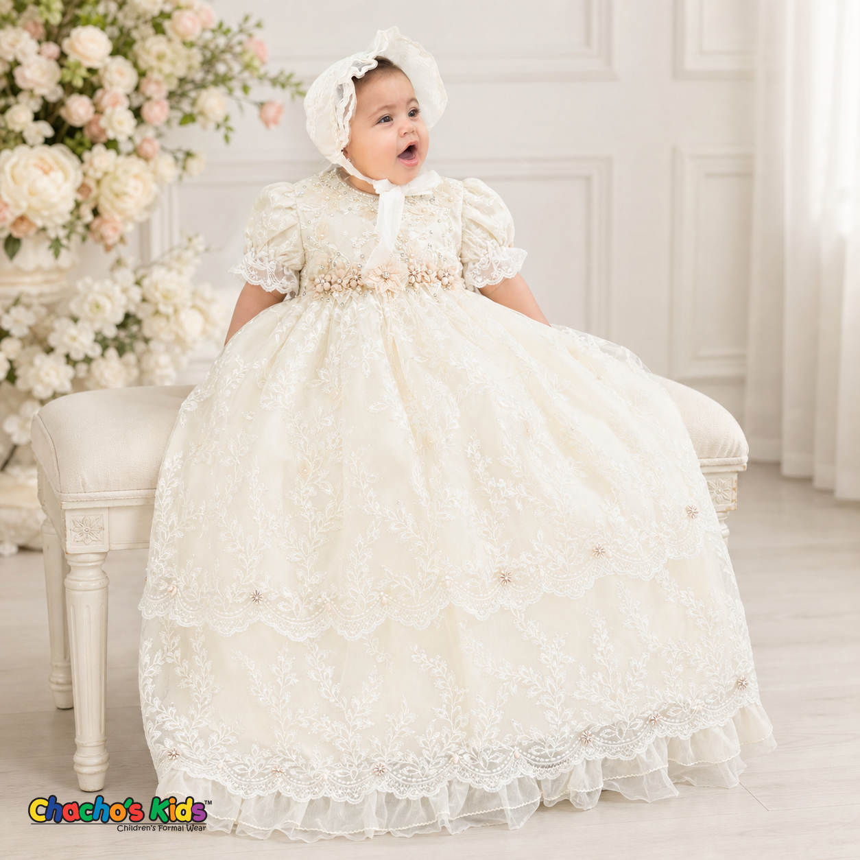 boho baptism dress Girls (Viviana) Ivory Winter wedding guest dress Size:By The Yard Cute pearl style buttons BLACK GEM STONE DRESS