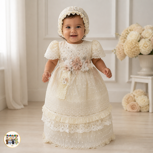 Arely ivory baby girls baptism dress with lace, floral sash and matching bonnet