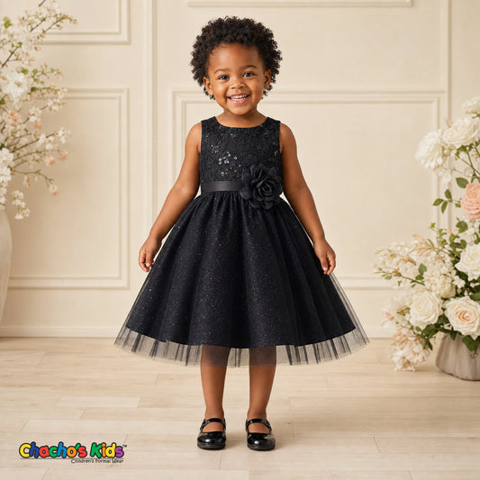 Toddler girl wearing Black embroidered glitter tulle party and flower girl dress Sofia