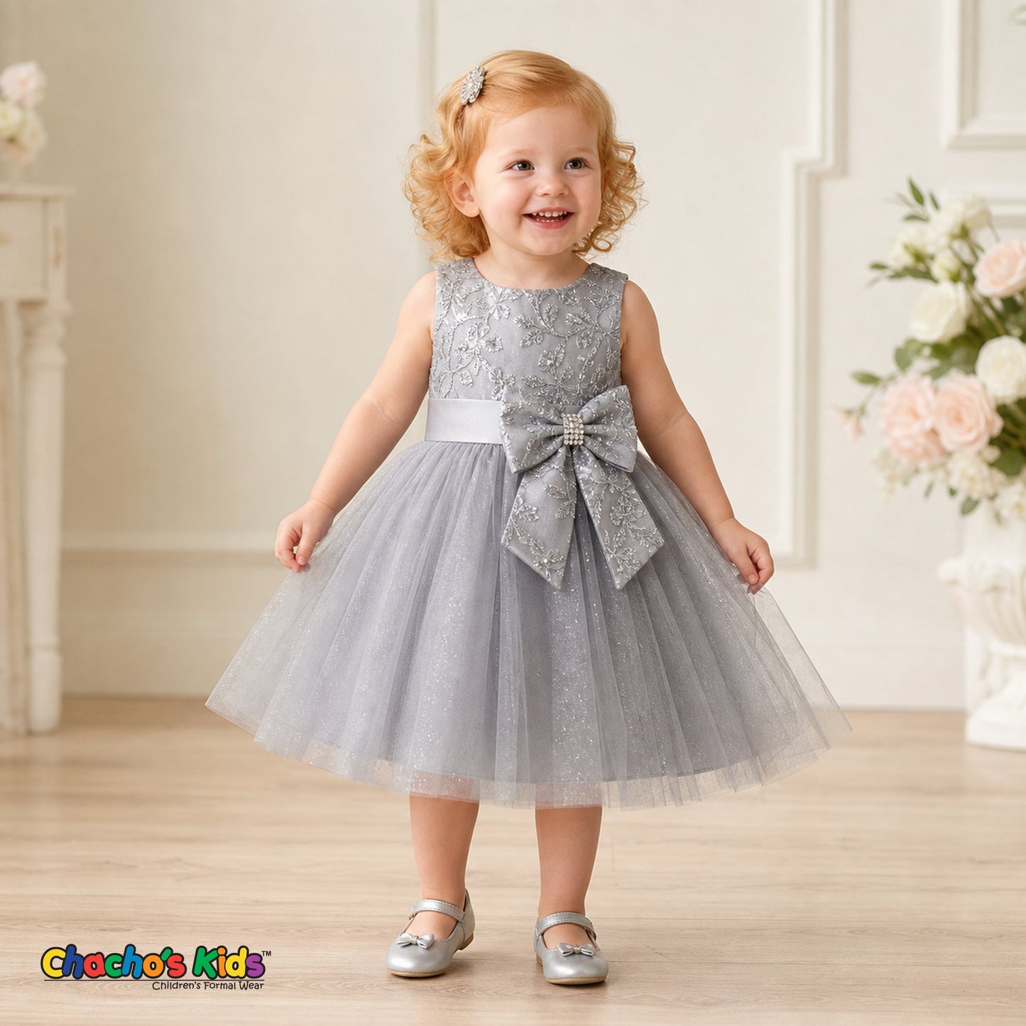 Toddler girl wearing Silver embroidered glitter tulle party and flower girl dress Sofia