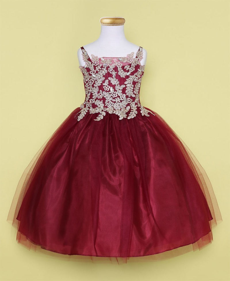 Party / Flower Girl Dress (D-778)-Girls-Burgundy/Gold-2-Chacho's Kids