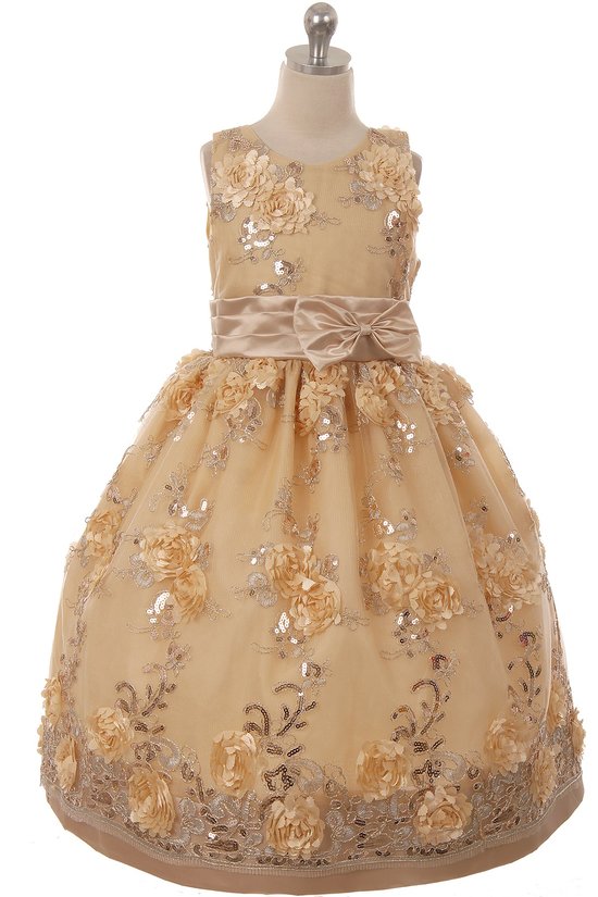 Party / Flower Girl Dress (SS3010D)-Girls-Gold-2-Chacho's Kids