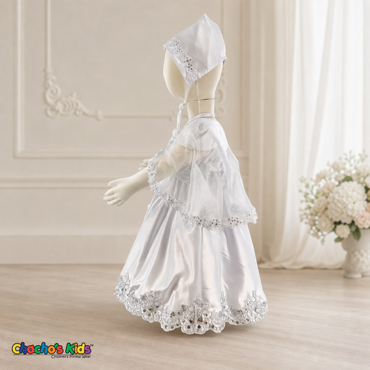 Girls white three-piece baptism dress with embroidered cape, side view