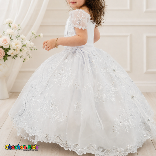 Girls white three-piece baptism dress with embroidered cape, side view