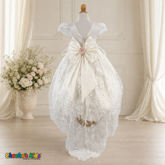 Girls white lace baptism ball gown with train, back view