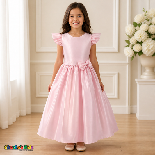 Girl wearing pink satin party and flower girl dress with flutter sleeves and waist bow, front view