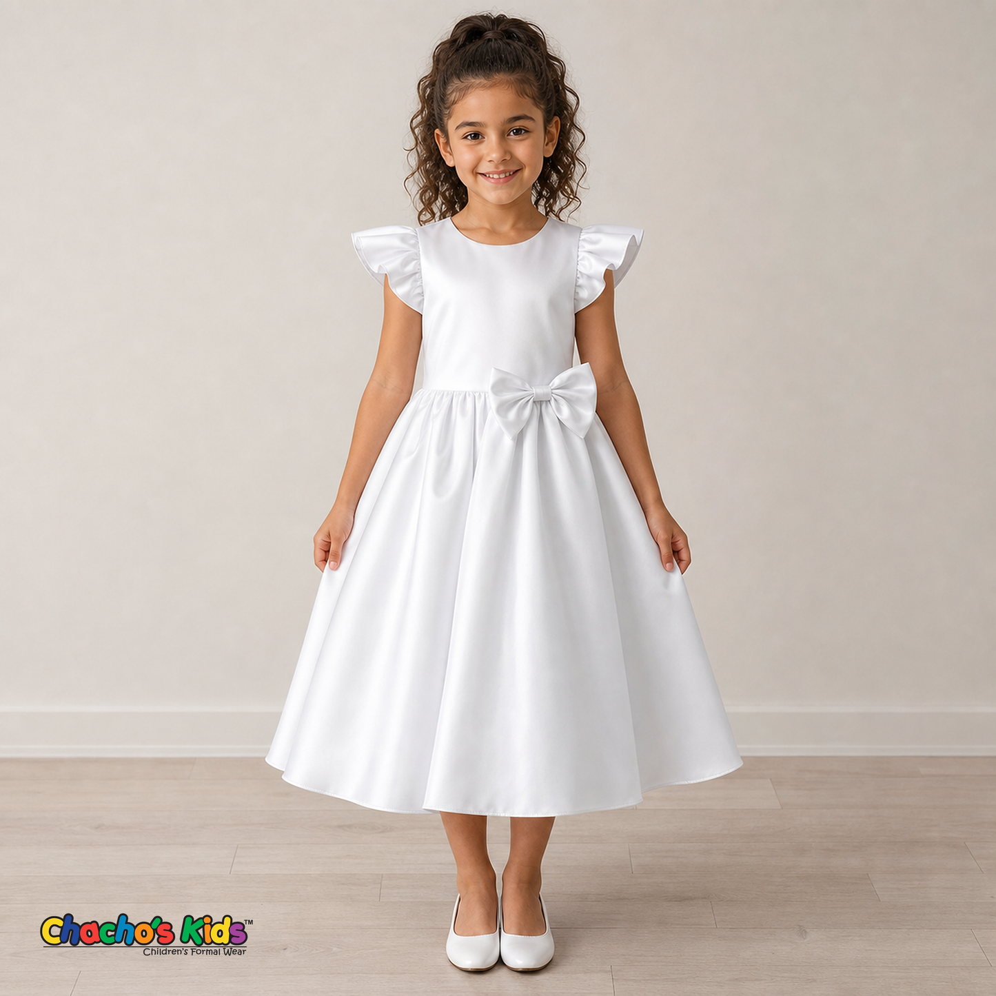 Girl wearing white satin flower girl dress with bow, flutter sleeves and full skirt