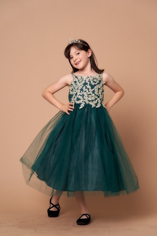 Party / Flower Girl Dress (D-778)-Girls-Emerald Green/Gold-2-Chacho's Kids
