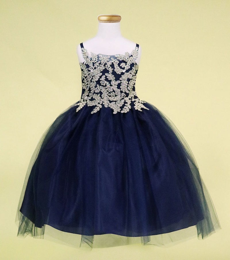 Party / Flower Girl Dress (D-778)-Girls-Navy/Gold-2-Chacho's Kids