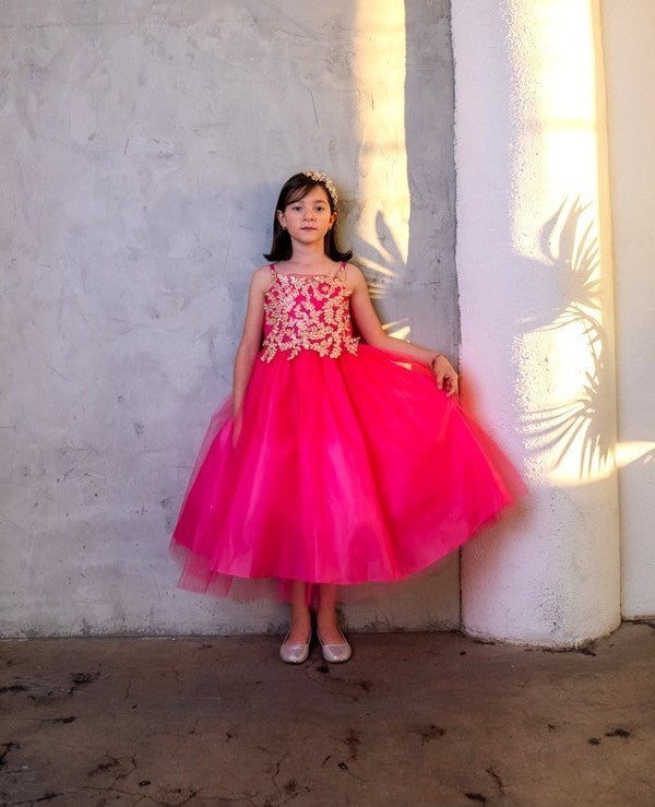 Party / Flower Girl Dress (D-778)-Girls-Fuschia/Gold-2-Chacho's Kids