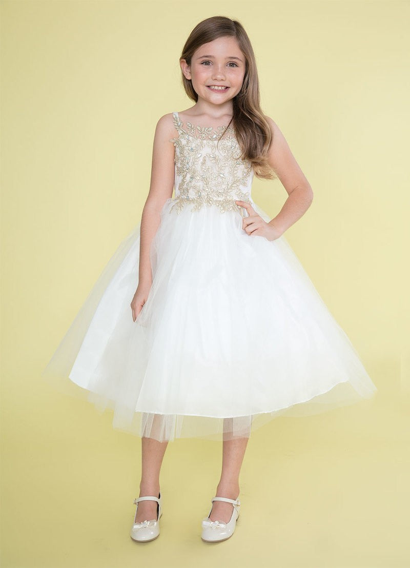 Party / Flower Girl Dress (D-778)-Girls-Ivory/Gold-2-Chacho's Kids