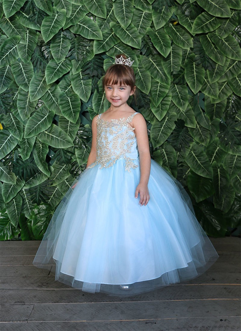 Party / Flower Girl Dress (D-778)-Girls-Bahama Blue/Gold-2-Chacho's Kids
