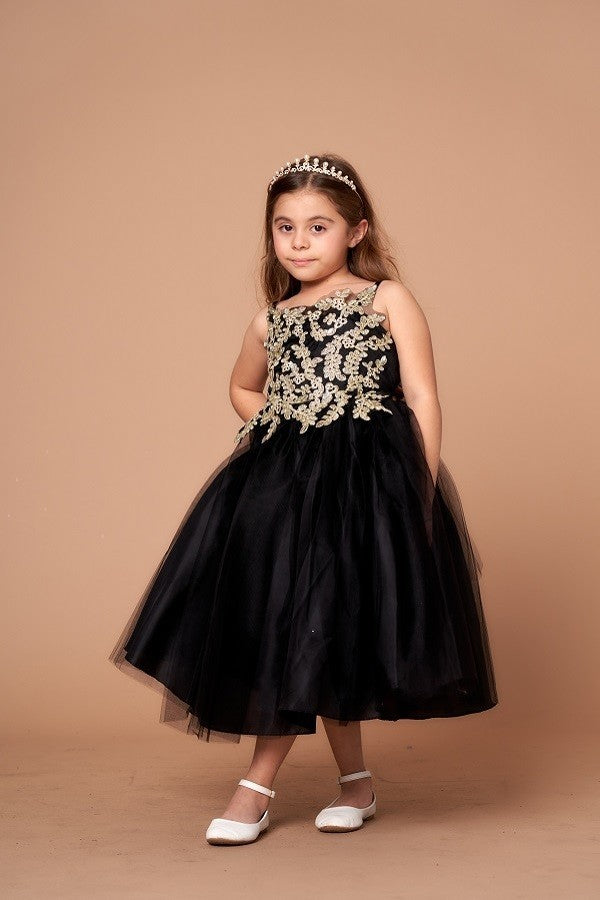 Party / Flower Girl Dress (D-778)-Girls-Black/Gold-2-Chacho's Kids