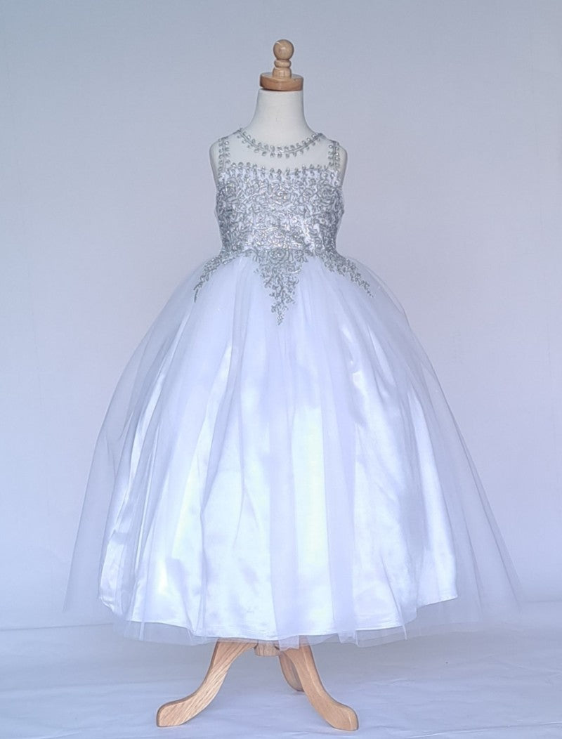 Ball Gown Dress (D-822)-Girls-White/Silver-2-Chacho's Kids