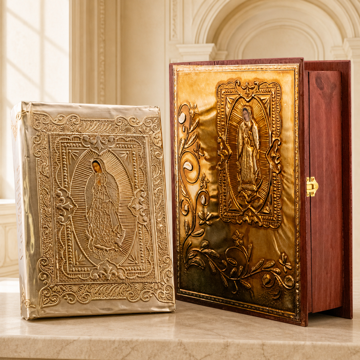 Embossed gold Holy Bible displayed beside its large gold Virgin Mary cedar presentation box