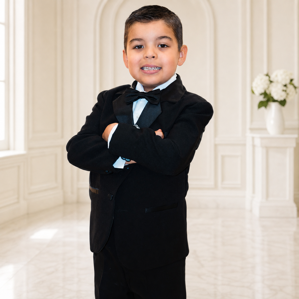 Boy wearing a formal black tuxedo with satin lapels and a black bow tie in an elegant cream interior