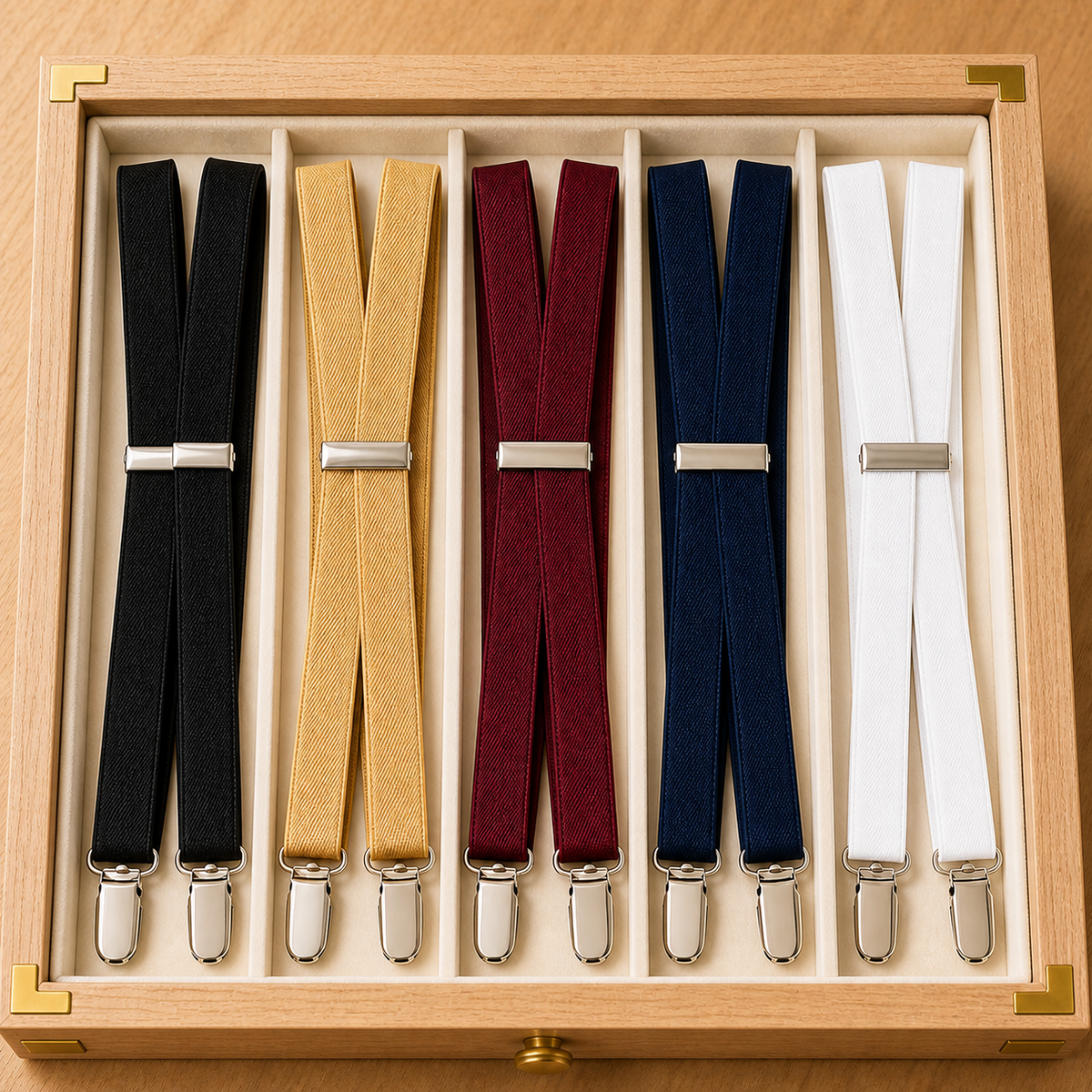 Black, tan, burgundy, navy, and white boys suspenders arranged in a warm oak presentation drawer