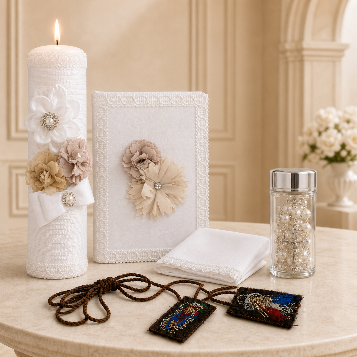 Five-piece girls First Communion set with a lit floral candle, matching Bible, folded lace handkerchief, scapular, and rosary in a glass jar