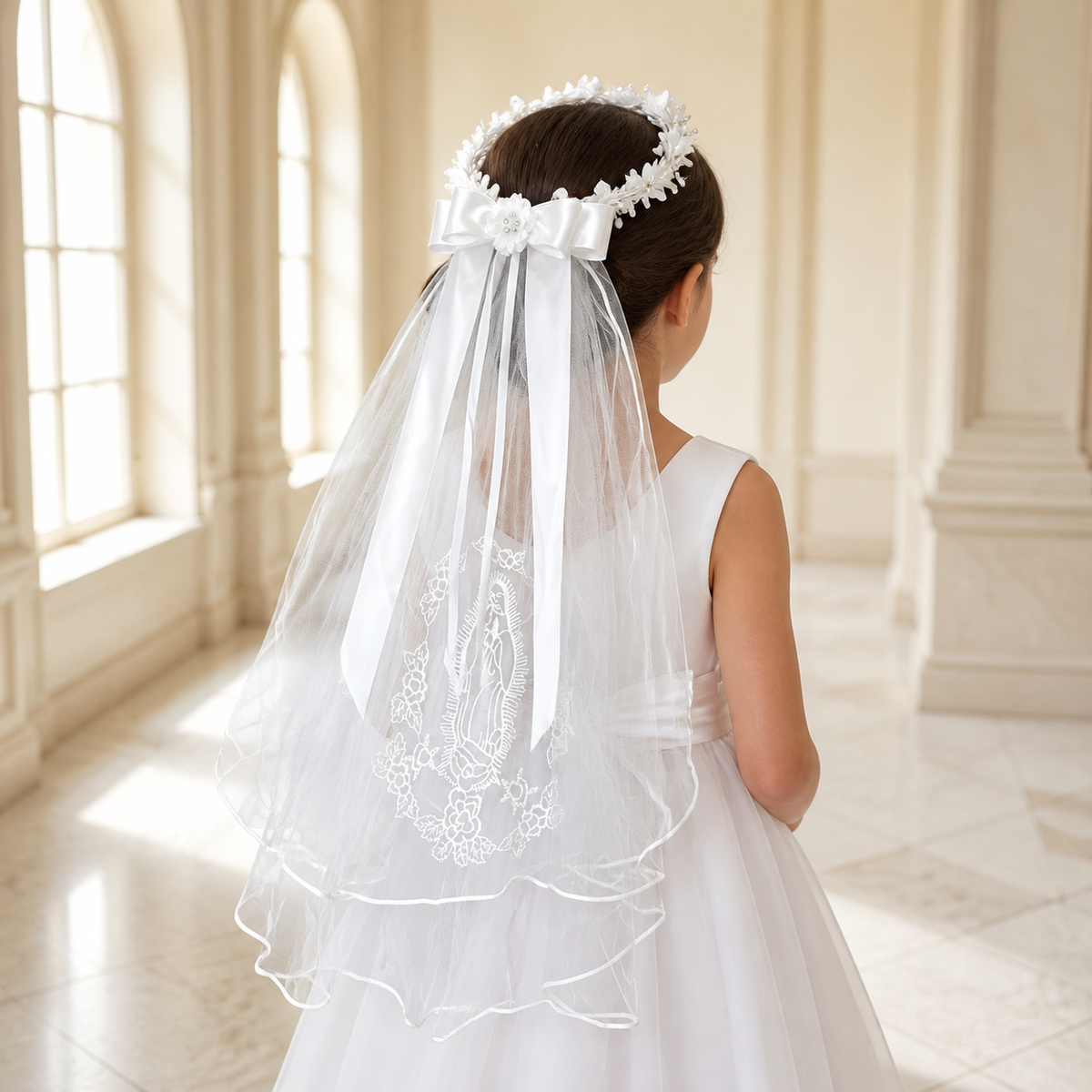 Girl wearing a white First Communion flower crown and layered veil with satin bow and embroidered Virgin Mary design
