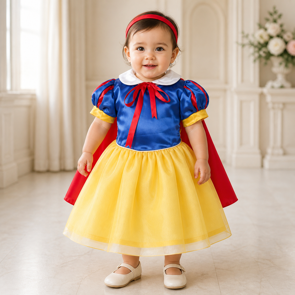 Baby girl wearing a blue, red, and yellow Snow White princess dress with a red satin headband in an elegant cream interior