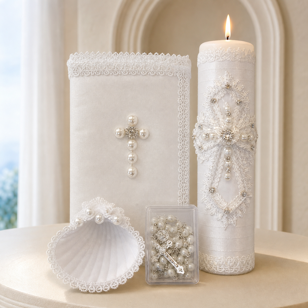 Ivory boys baptism candle set with a lit decorated candle, pearl cross keepsake, shell, and boxed rosary in an elegant cream interior
