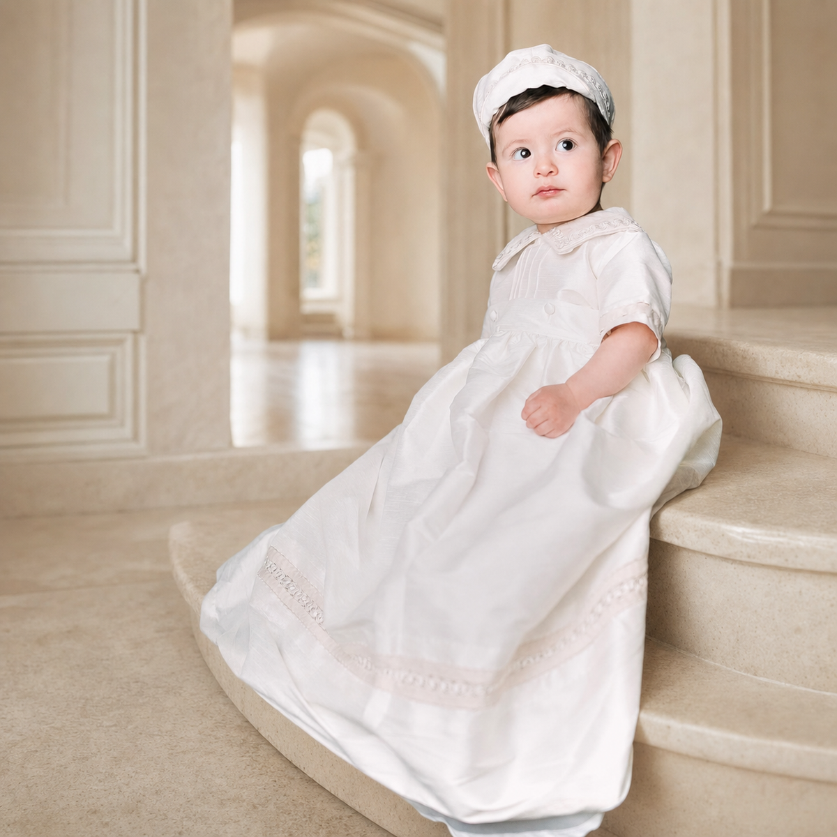 Baby boy wearing a white christening gown in an elegant ivory setting for the Boys Christening and Baptism collection