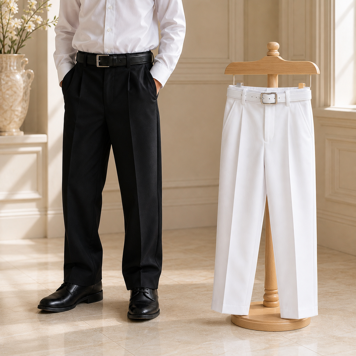Boys black and white formal dress pants displayed in an elegant cream interior