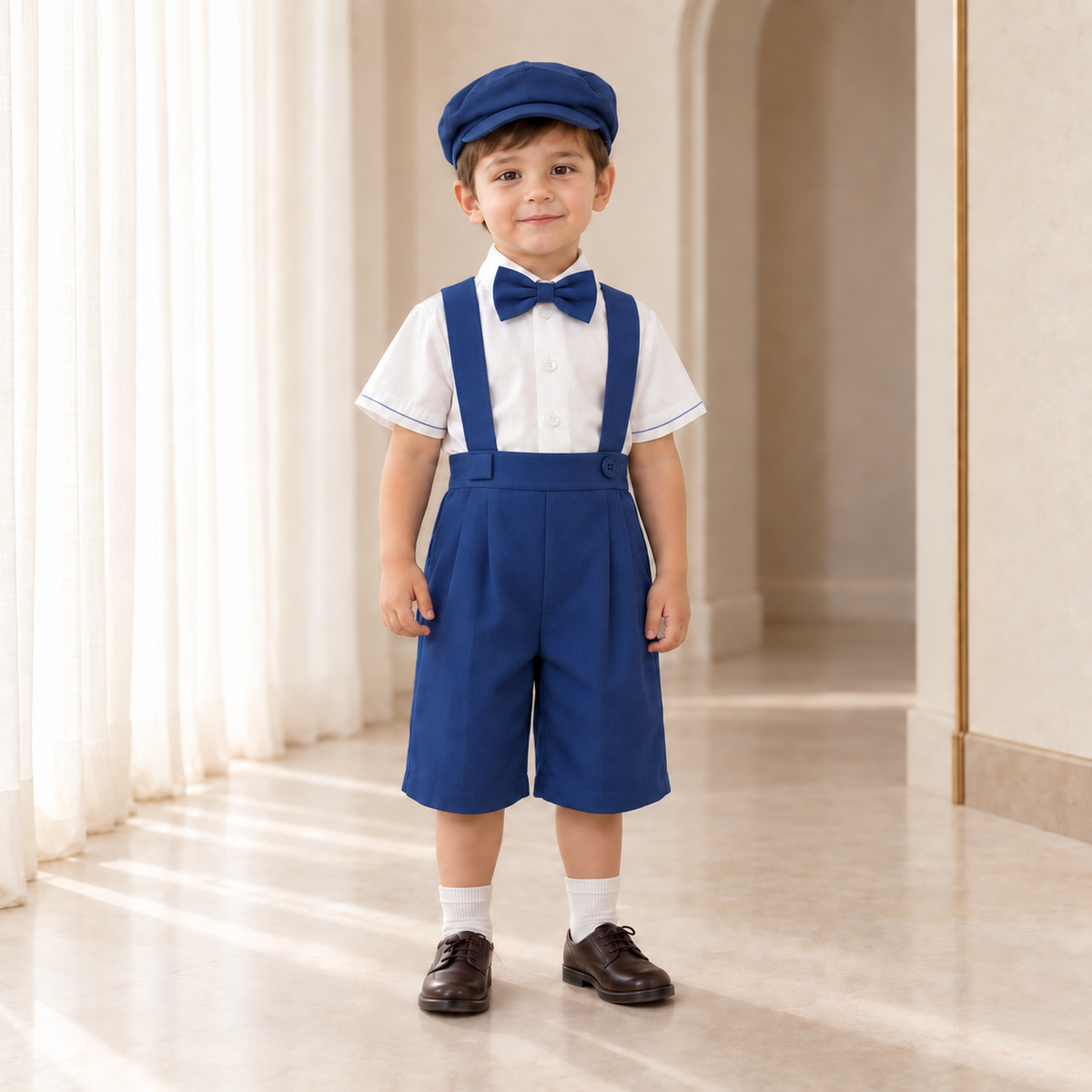 Boy wearing a blue suspender short set, white short-sleeve shirt, matching bow tie and cap in an ivory boutique interior.
