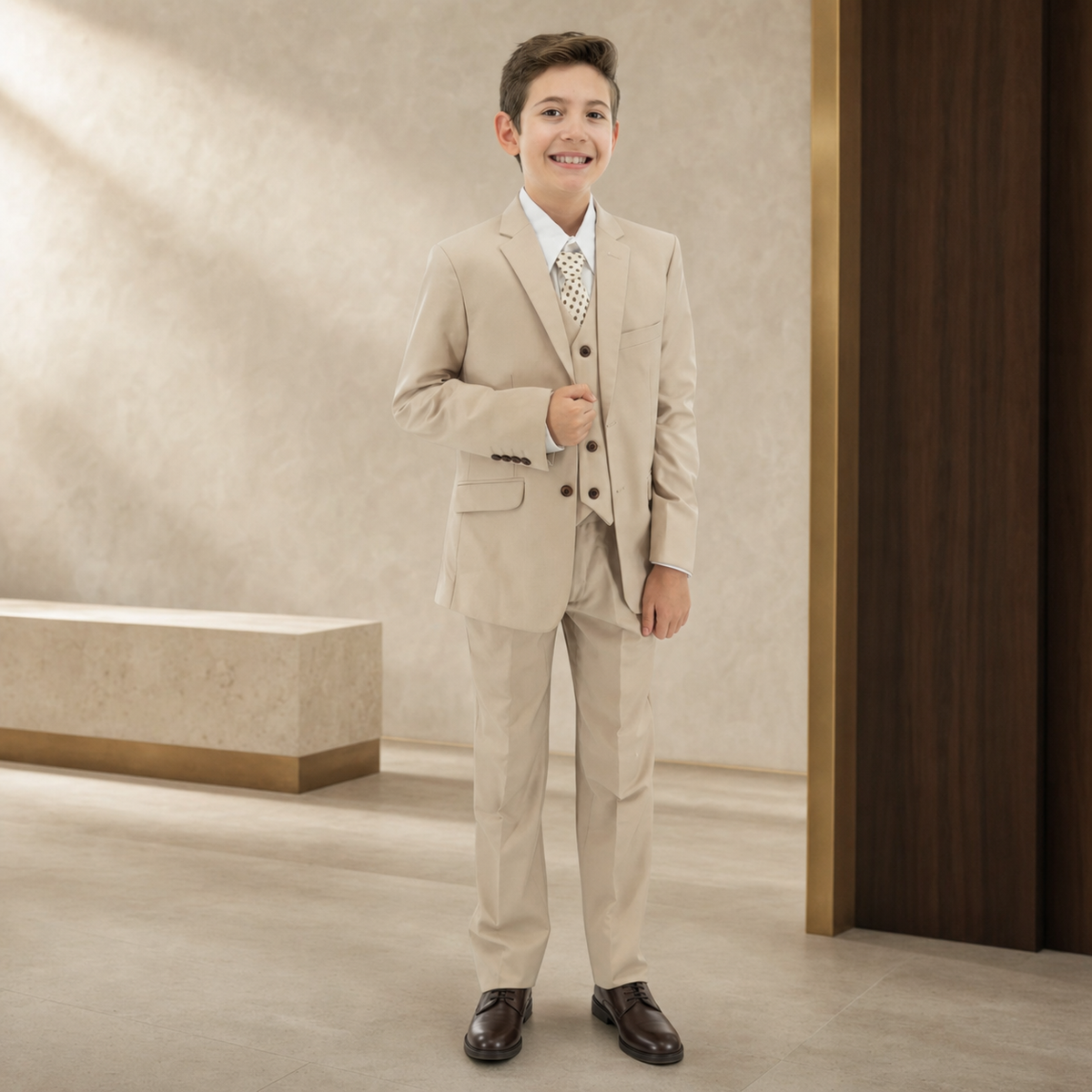 Boy wearing a khaki three-piece suit in an elegant ivory and walnut setting for the Chacho's Kids Boys collection