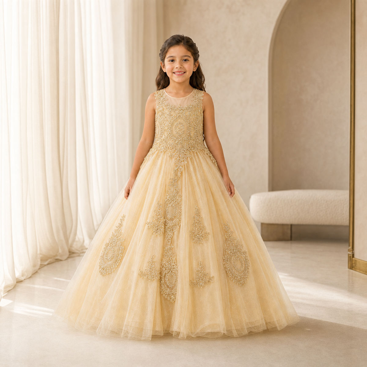 Girl wearing a champagne embroidered ball gown in an elegant ivory salon for the Chacho's Kids Girls collection