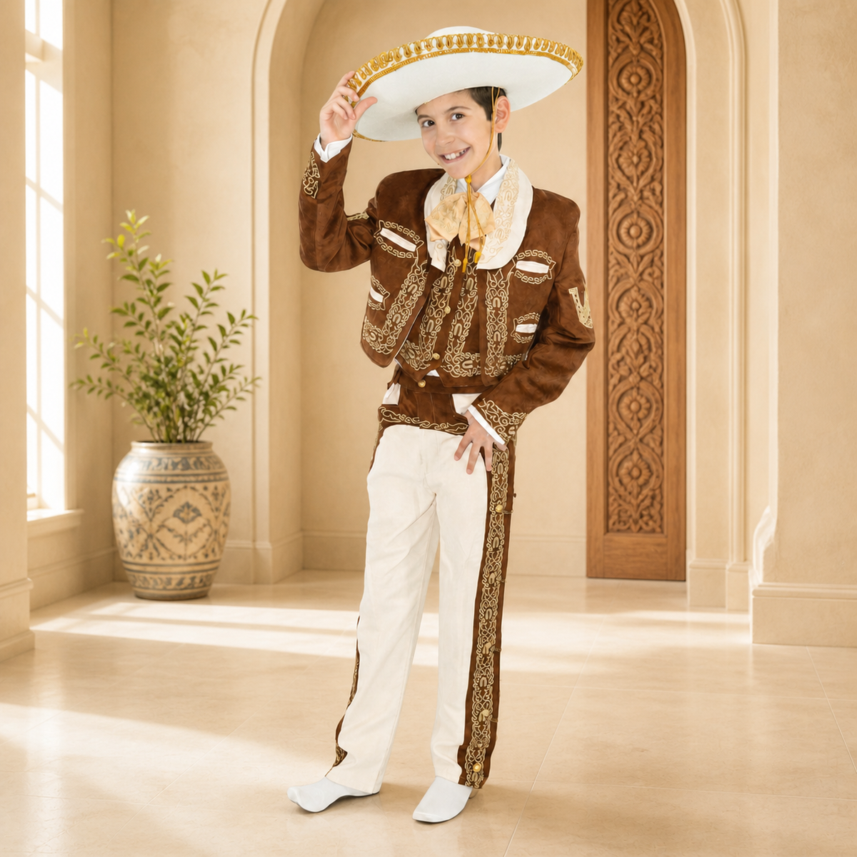 Boy wearing an embroidered brown and ivory charro suit with a white sombrero in an elegant cream interior