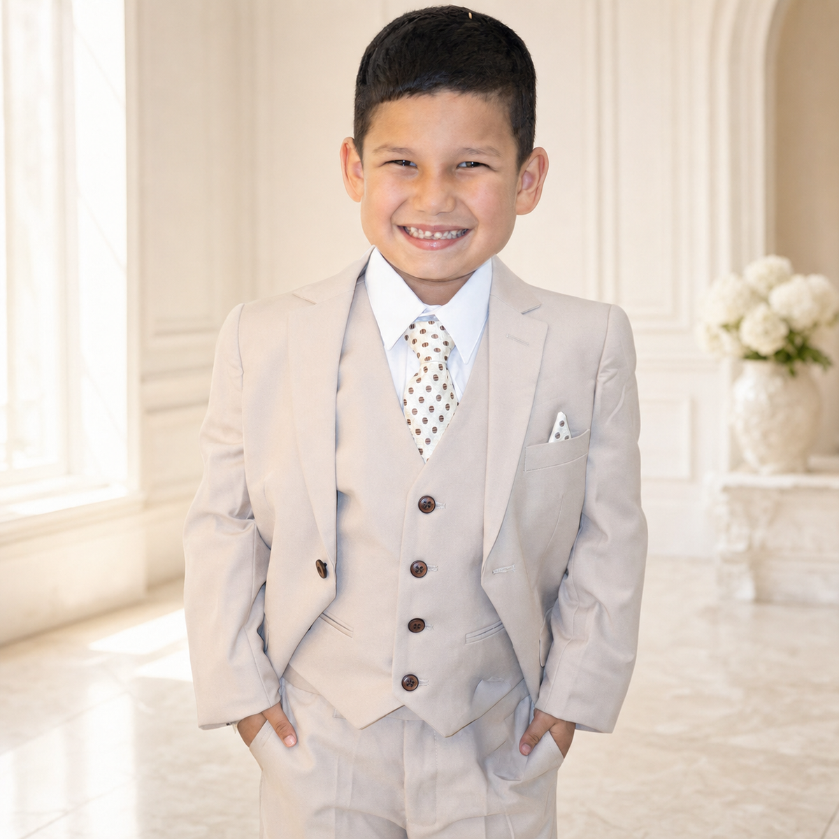 Boy wearing a light beige three-piece classic suit with a patterned tie in an elegant cream interior