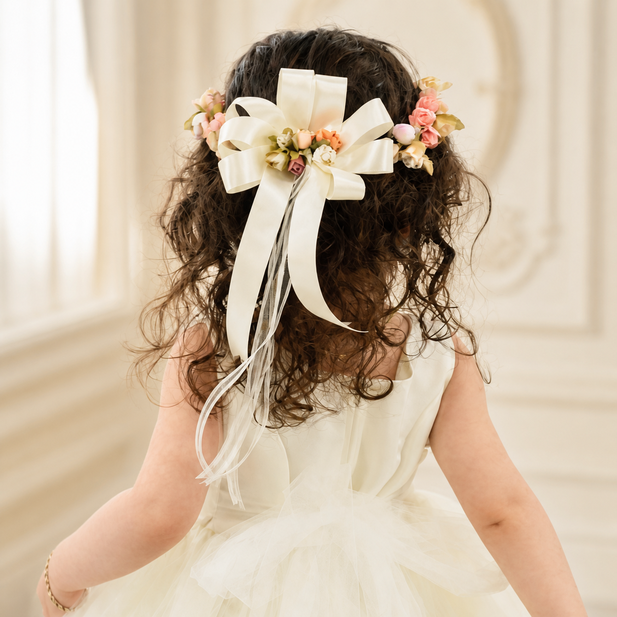 Young flower girl wearing a blush and ivory floral crown with a satin bow in an elegant cream interior