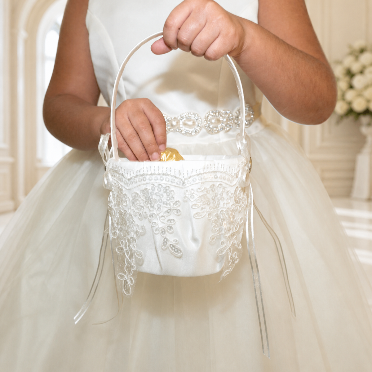 Flower girl holding an ivory satin basket with embroidered lace in an elegant cream interior