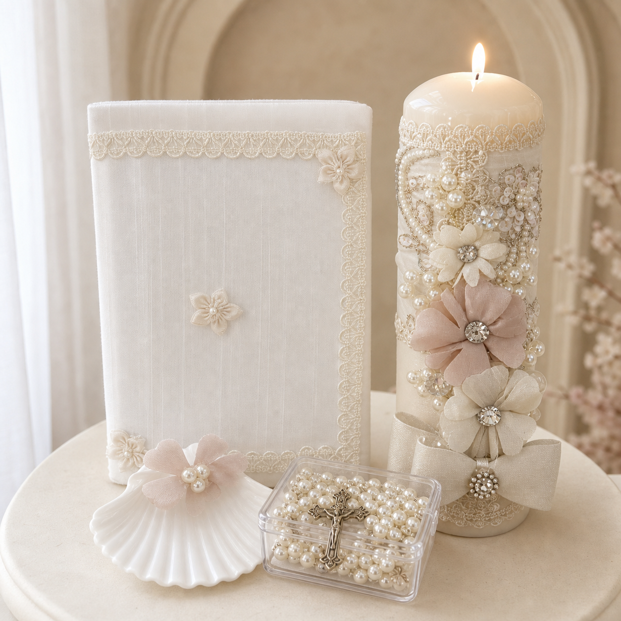 Ivory and blush girls baptism candle set with a lit floral candle, lace keepsake, shell, and boxed pearl rosary in an elegant cream interior