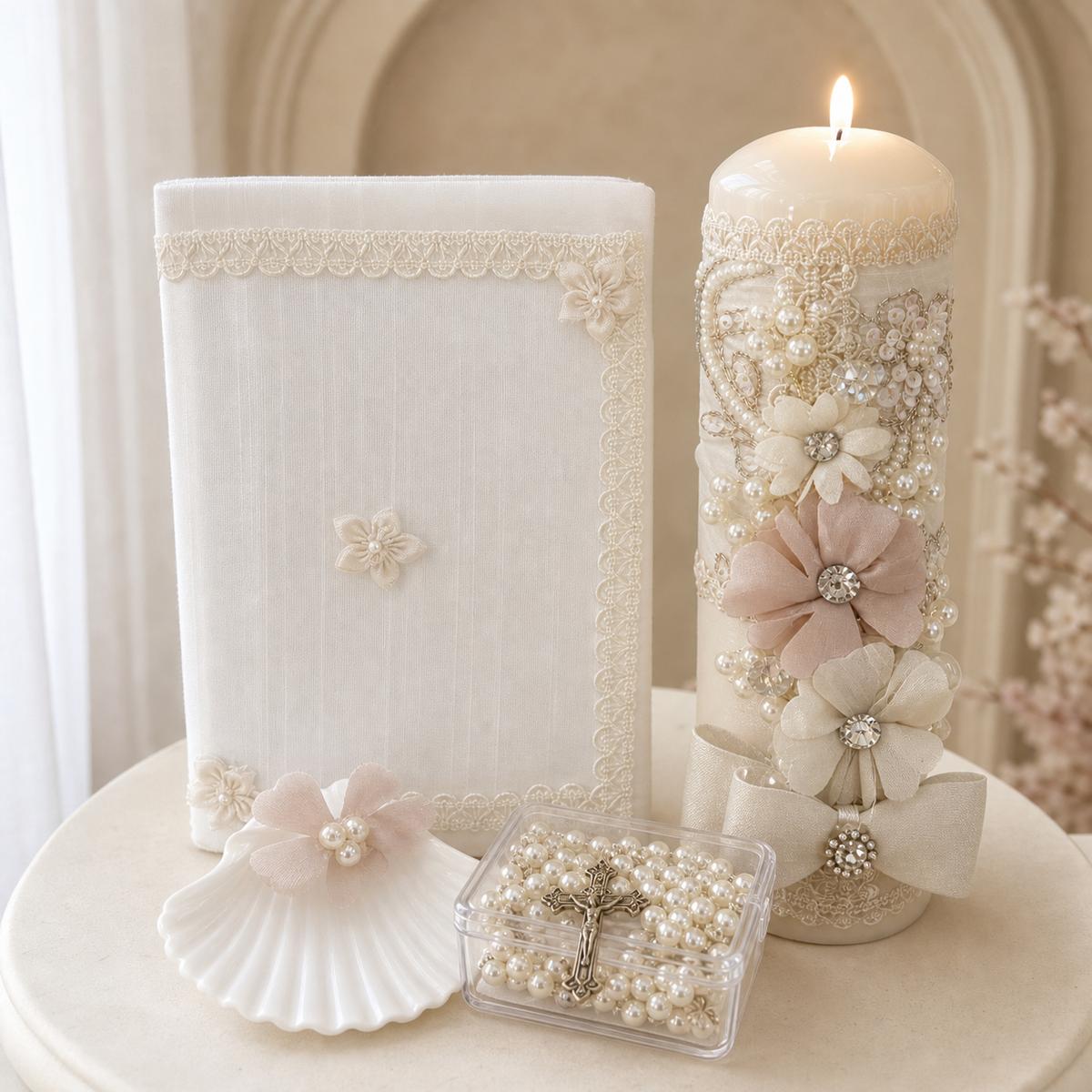 Ivory and blush girls baptism candle set with a lit floral candle, lace keepsake, shell, and boxed pearl rosary in an elegant cream interior