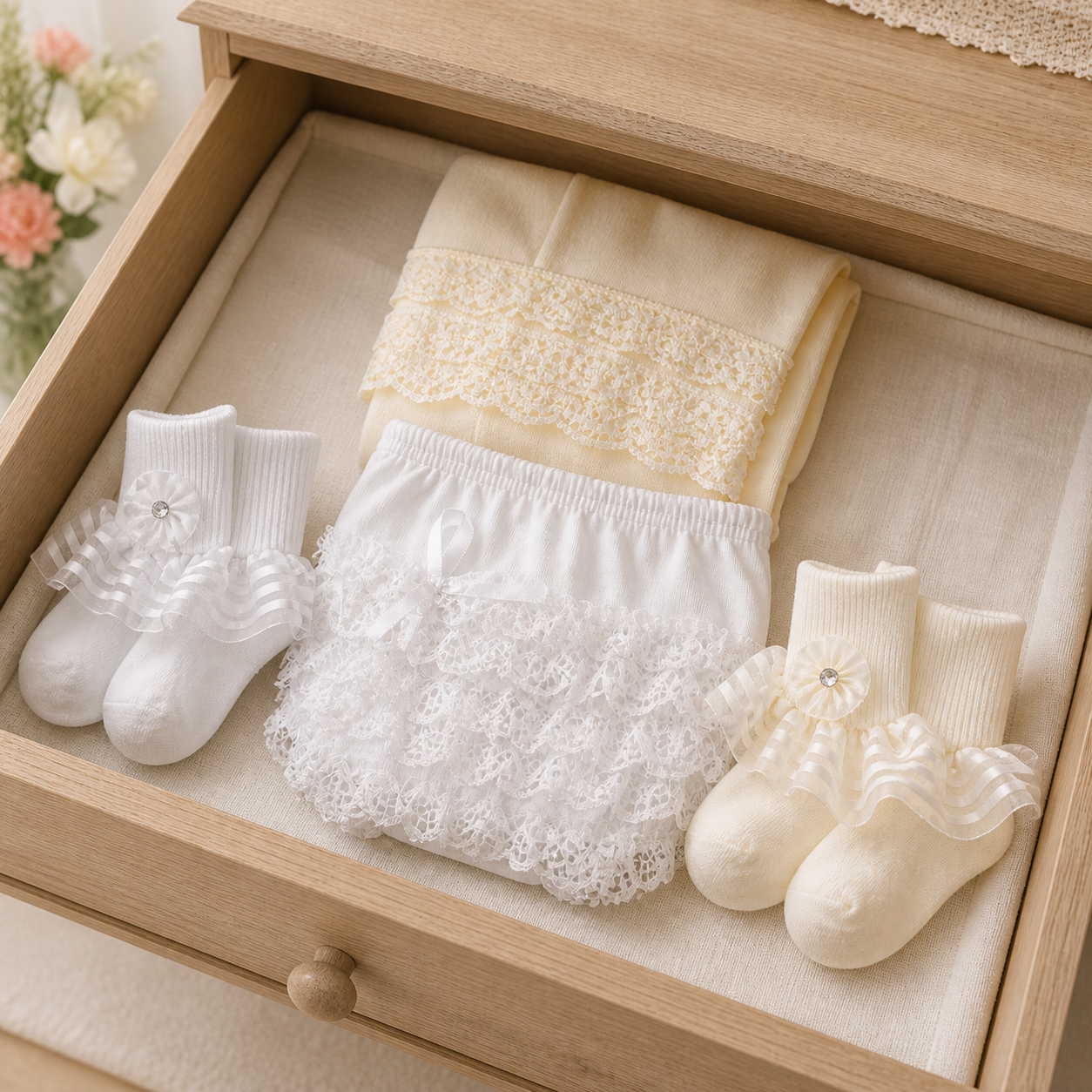 Girls white and ivory lace dress socks, ruffle bloomer, and rhumba tights arranged in an elegant nursery drawer